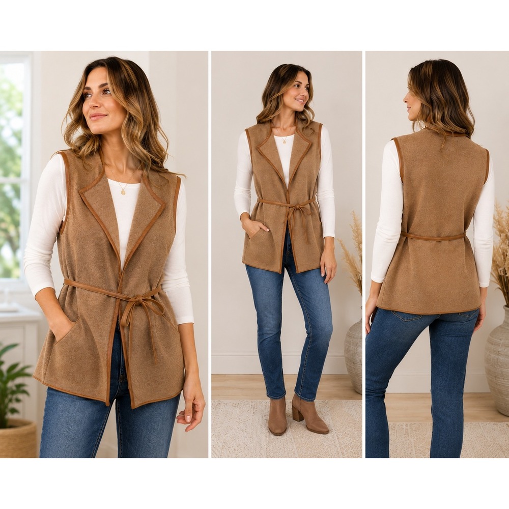 J.McLaughlin Italian Merino Wool Vest Tan Leather Trim Belted Sleeveless Small